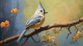 Gouache Trompe-l\'oeil Painting: A Unique Yellow Tufted Titmouse Shining With Iridescent Topaz