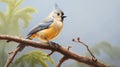 Gouache Trompe-l\'oeil Painting: A Unique Yellow Tufted Titmouse Shining With Iridescent Topaz