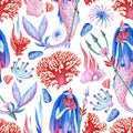 Gouache seamless wonderful undersea pattern with water nymph, coral and ocean inhabitants for art work