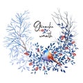 Gouache winter natural wreath with bright bird and branches