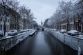 Gouda, South Holland/The Netherlands - February 7 2021: A view on a winter city landscape from a bridge over the canals in the Royalty Free Stock Photo