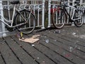 Gouda, South Holland/The Netherlands - January 1 2020: firework rubbish left behind on one of the bridges in the city center of