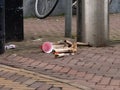 Gouda, South Holland/The Netherlands - January 1 2020: a plastic cup empty sigarette box and trash from the fireworks on the