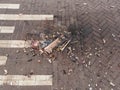 Gouda, South Holland/The Netherlands - January 1 2020: small bits and pieces left over and burned from fireworks the night before