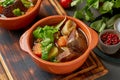 Goulash with large pieces of beef and vegetables. Slow stewing, cooking in two pot or cast-iron pan Royalty Free Stock Photo