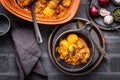 Goulash with potatoes and sauerkraut. Beef and vegetable stew in clay pot Royalty Free Stock Photo