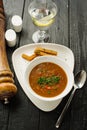 Goulash soup with beans, bell peppers and garlic croutons. Royalty Free Stock Photo