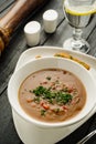 Goulash soup with beans, bell peppers and garlic croutons. Royalty Free Stock Photo