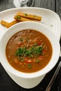 Goulash soup with beans, bell peppers and garlic croutons. Top v Royalty Free Stock Photo