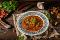 Goulash soup with beef and spicy sausage Royalty Free Stock Photo