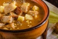 Goulash soup with croutons and potatoes Royalty Free Stock Photo