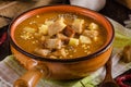 Goulash soup with croutons and potatoes Royalty Free Stock Photo