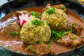 Goulash stew with two Tyrolean bread dumplings, in South Tyrol Royalty Free Stock Photo