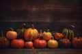 gourd wood pumpkin leaf wooden halloween fall autumn orange background season. Generative AI. Royalty Free Stock Photo