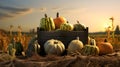 Gourds harvested in a wooden box with field and sunset in the background. Royalty Free Stock Photo
