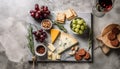 Gourmet appetizer plate bread, cheese, prosciutto, grapes generated by AI Royalty Free Stock Photo