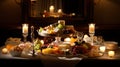 Luxury food photo - A candle illuminates a fresh meal of healthy fruits on an indoor table, burning gently in the