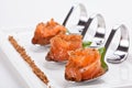 Gourmet appetizer of salmon served in a special decorative spoon Royalty Free Stock Photo