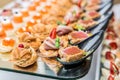 Gourmet appetizers: caviar, venison, tuna and salmon