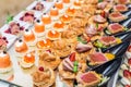 Gourmet appetizers: caviar, venison, tuna and salmon Royalty Free Stock Photo