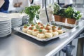 Gourmet appetizers on tray in modern kitchen setting with fresh herbs Royalty Free Stock Photo