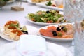 Gourmet appetizing salads and seafood snacks