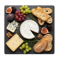 Gourmet artisan cheese plate with bread, grape, fig, and walnut. An elegant and appetizing food platter for sharing Royalty Free Stock Photo