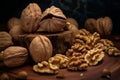 Gourmet assorted nuts on wooden surface Royalty Free Stock Photo