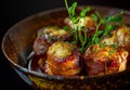 Gourmet bacon-wrapped dates served in an elegant dish