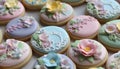Gourmet baked dessert, pink cookie with flower decoration, candy indulgence generated by AI Royalty Free Stock Photo