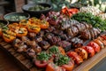 Gourmet BBQ setup featuring an assortment of smoky meats and vibrant grilled vegetables.. AI generated. Royalty Free Stock Photo