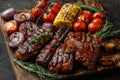 Gourmet BBQ setup featuring an assortment of smoky meats and vibrant grilled vegetables.. AI generated. Royalty Free Stock Photo