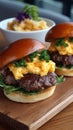 Gourmet Beef Sliders with Scrambled Eggs on a Wooden Board Brunch Concept Royalty Free Stock Photo