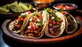 Gourmet beef taco on rustic wooden table, ready to eat generated by AI