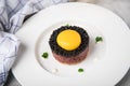 Gourmet beefsteak Tatar with lean raw beef filet, capers, egg yolk, onions, toast bread, black caviar on porcelain plate on light