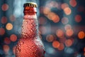 gourmet beverage marketing, a cold cherry beer bottle, covered in droplets, ready to be opened and savored, calling out