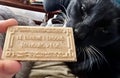 The Gourmet Bites Twice - A Curious Black Cat Eyeing a Biscuit with French Quote Royalty Free Stock Photo