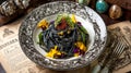 Gourmet black pasta dish with flowers and herbs on a vintage setting Royalty Free Stock Photo