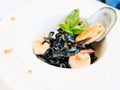 Gourmet breakfast meal black pasta seafood Royalty Free Stock Photo