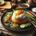 A gourmet breakfast with a poached egg, fresh vegetables, and bread on a rustic table setting. The egg is garnished with