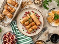 Gourmet Breakfast Table with Pastries and Coffee. Fresh Croissants, Sweet Rolls, Healthy Nuts, and Fruit Decoration Royalty Free Stock Photo