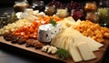 A gourmet buffet of cheese, bread, fruit, and wine generated by AI