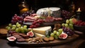 Gourmet buffet Fresh fruit, cheese, and wine on wooden tray generated by AI