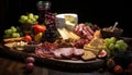 A gourmet buffet meat, cheese, bread, wine, fruit, freshness generated by AI