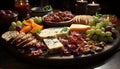 Gourmet buffet variety of meat, cheese, fruit, and bread generated by AI