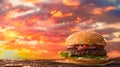 Gourmet Burger Against Vibrant Sunset Sky Backdrop Royalty Free Stock Photo
