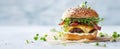The gourmet burger with bacon and fresh herbs on a rustic background..AI generated image Royalty Free Stock Photo