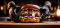 The gourmet burger being held by a chef in kitchen gloves. AI generated image Royalty Free Stock Photo