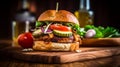 Gourmet Burger on Cutting Board with Stacked Ingredients