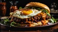 Gourmet Burger with Fried Egg and Cheddar Cheese. Generative ai Royalty Free Stock Photo